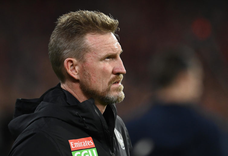 Magpies head coach Nathan Buckley looks on