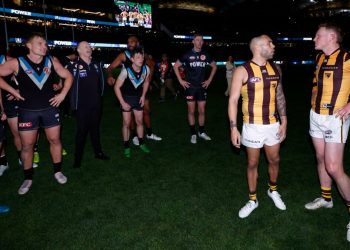 Hawks greats blast Hinkley’s run-in with Sicily as Port coach defends response to ‘disrespectful’ sledge