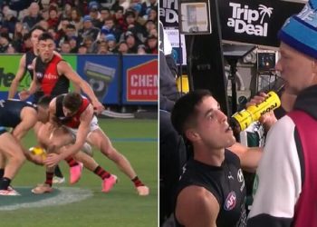 Blues slammed for delay on star’s concussion test as Bomber faces ban for high bump